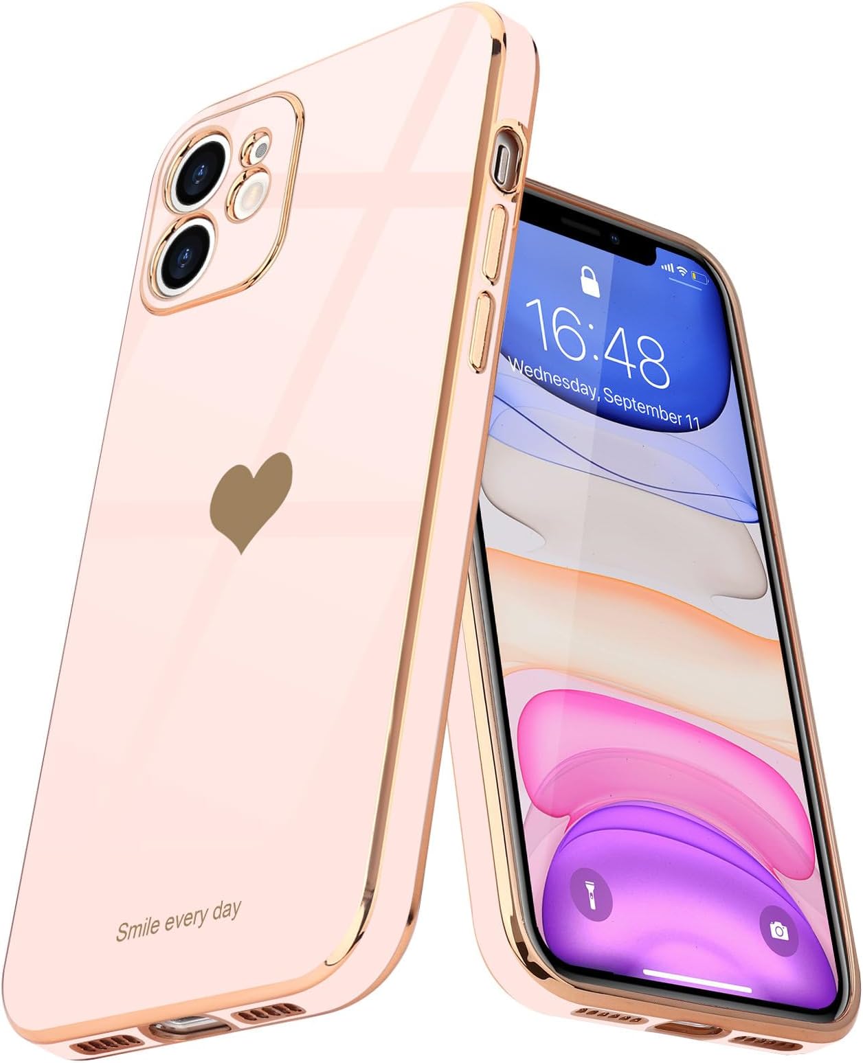 for iPhone 11 Case Cute Heart Pattern for Women Girls Slim Luxury Bling Plating Soft TPU Anti-Scratch Shockproof Bumper Phone Case for iPhone 11, Light Pink