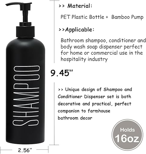 Miniatura 3 de HOMCDALY Dispensador de champú y acondicionador negro, paquete de 3 botellas de bomba recargables de 16 onzas, botellas dispensadoras de champú