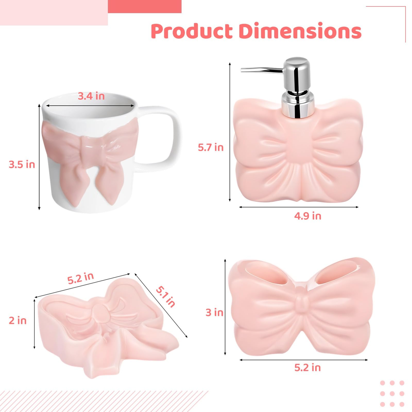 Zestaw 4 akcesoriów łazienkowych, w tym ceramiczny dozownik mydła, uchwyt na szczoteczkę do zębów, mydelniczkę i kubek z kokardką, idealny do stylowych blatów