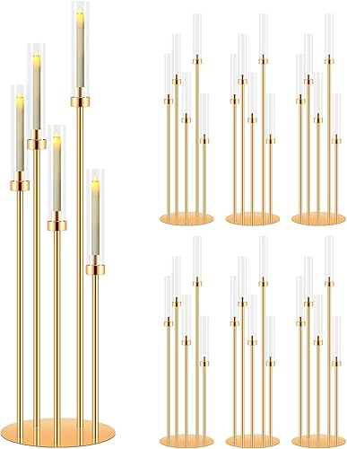 Miniatura 13 de Juego de 8 portavelas dorado de 5 brazos, Mjkeomo de 41.3 pulgadas de alto, centros de mesa para mesas, candelabros dorados para regalo