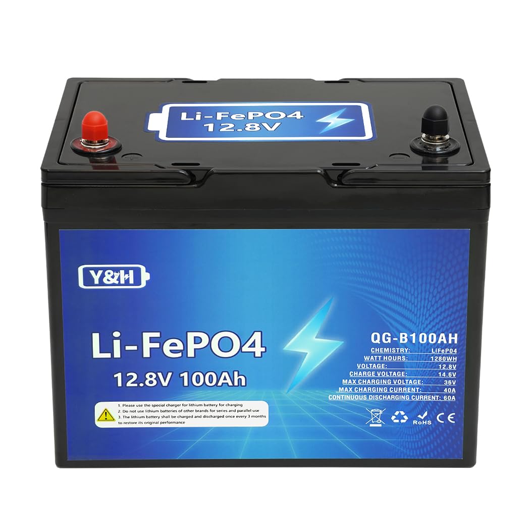 Y&H LiFePO4 Batería de Litio 12V 100Ah con Bluetooth, capacidad de energía máxima 1280Wh, puerto USB, indicador de voltaje en tiempo real, BMS integrado, para motores de trolling, autocaravanas