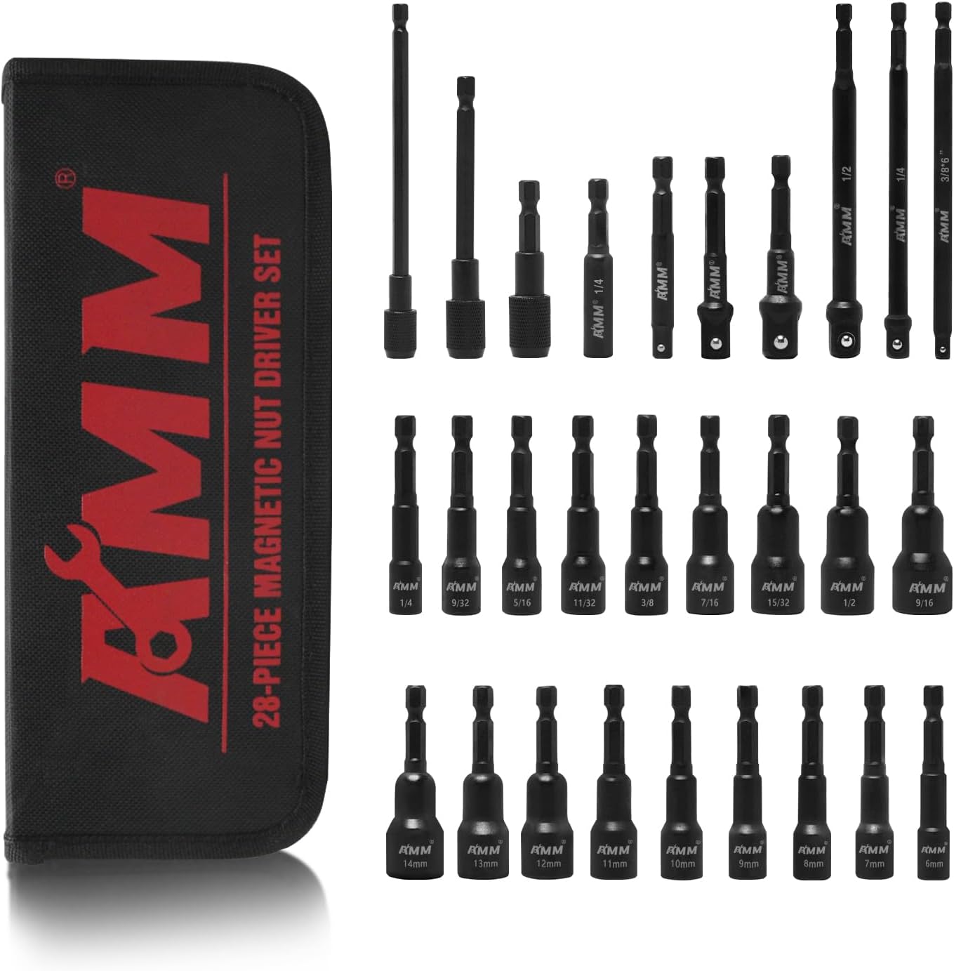 XOOL 36-Piece Magnetic Nut Driver Set – Metric & SAE For 1/4” Hex Shank, With Storage Bag