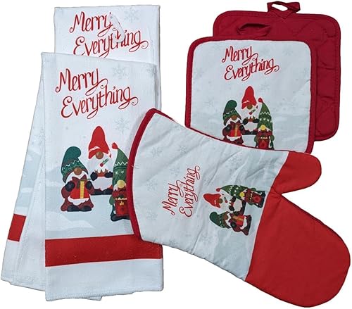Miniatura 6 de Juego de ropa de cocina de Navidad con estampado caprichoso decorativo, 1 guante de horno, 2 agarraderas para ollas, almohadillas calientes, 2 paños