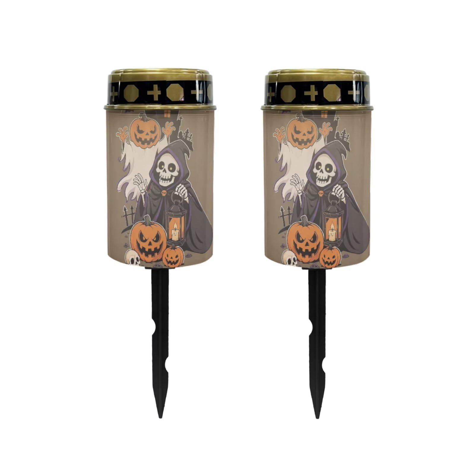 Poceacles Solar Lights Outdoor Grave Candle for Cemetery Decoration Solar Outdoor Lights for Garden Lawn Backyard Pathway Halloween Decor, Pumpkin Skull Brown, Pack of 2