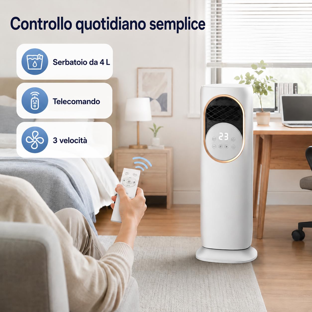 Raffrescatore d’Aria Senza Tubo Freddo/Caldo, Climatizzatore Portatile con Telecomando, Oscillazione 180°, 3 Velocità, Serbatoio 4L, per Camera da Letto, Ufficio e Piccoli Ambienti