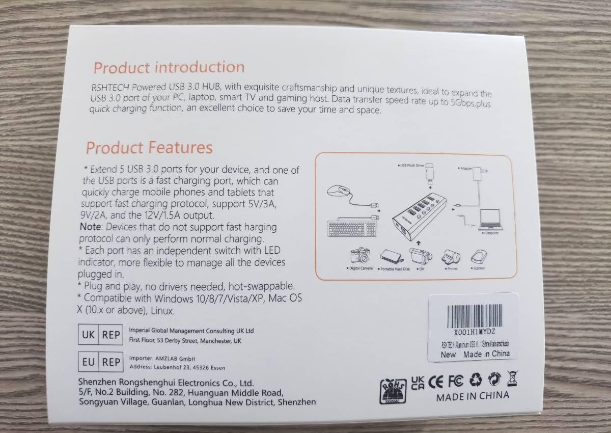 Itzuli view of the RSHTECH 5-Port USB 3.0 Hub product box with product introduction and features