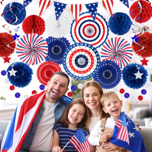 Image of 24 Pcs Patriotic 4th of July Decorations Kit, Paper Fans Pom Poms 8-16 in