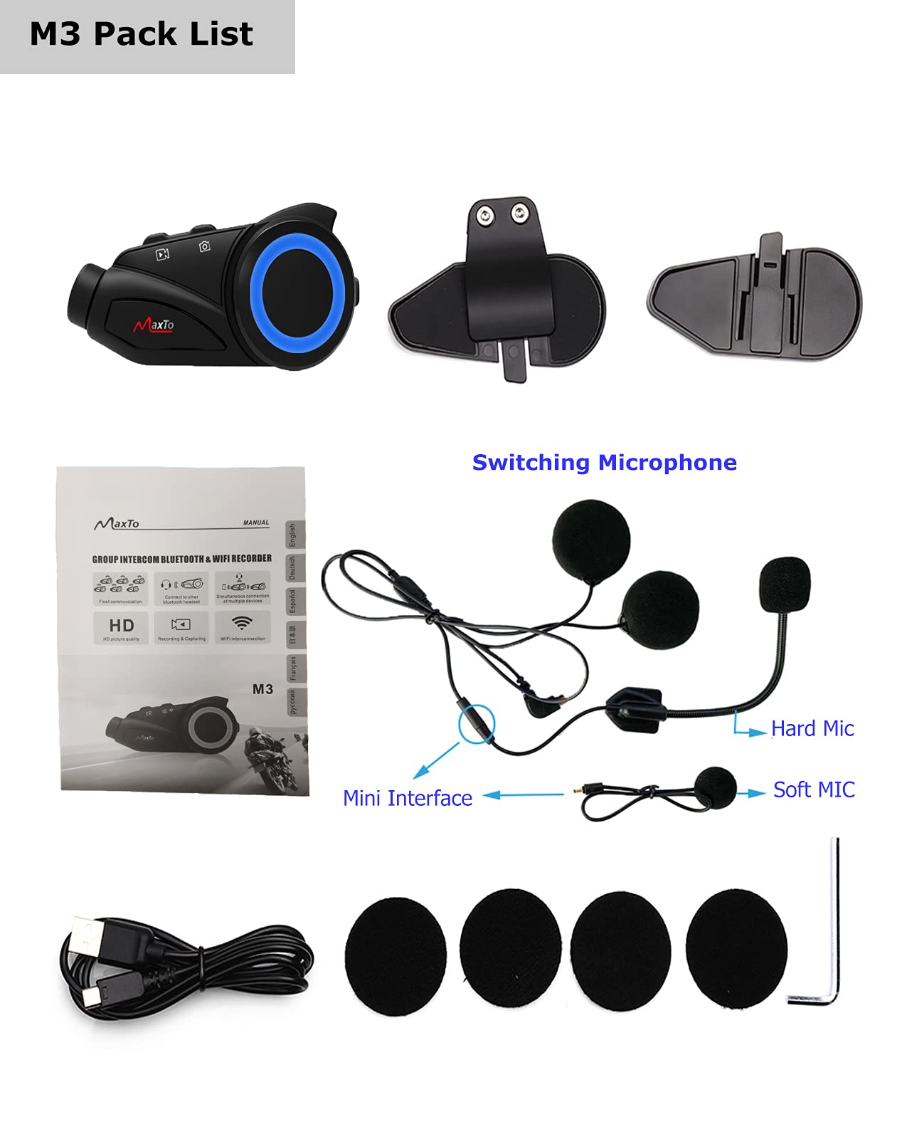 Moto Bluetooth Intercom MAXTO M3 moto Casco auricolare e fotocamera Kit sistema di comunicazione 1000M 6 Piloti interfono Wireless Interphone (Siri Google Assistant/Impermeabile/GPS/TF Max 128G)