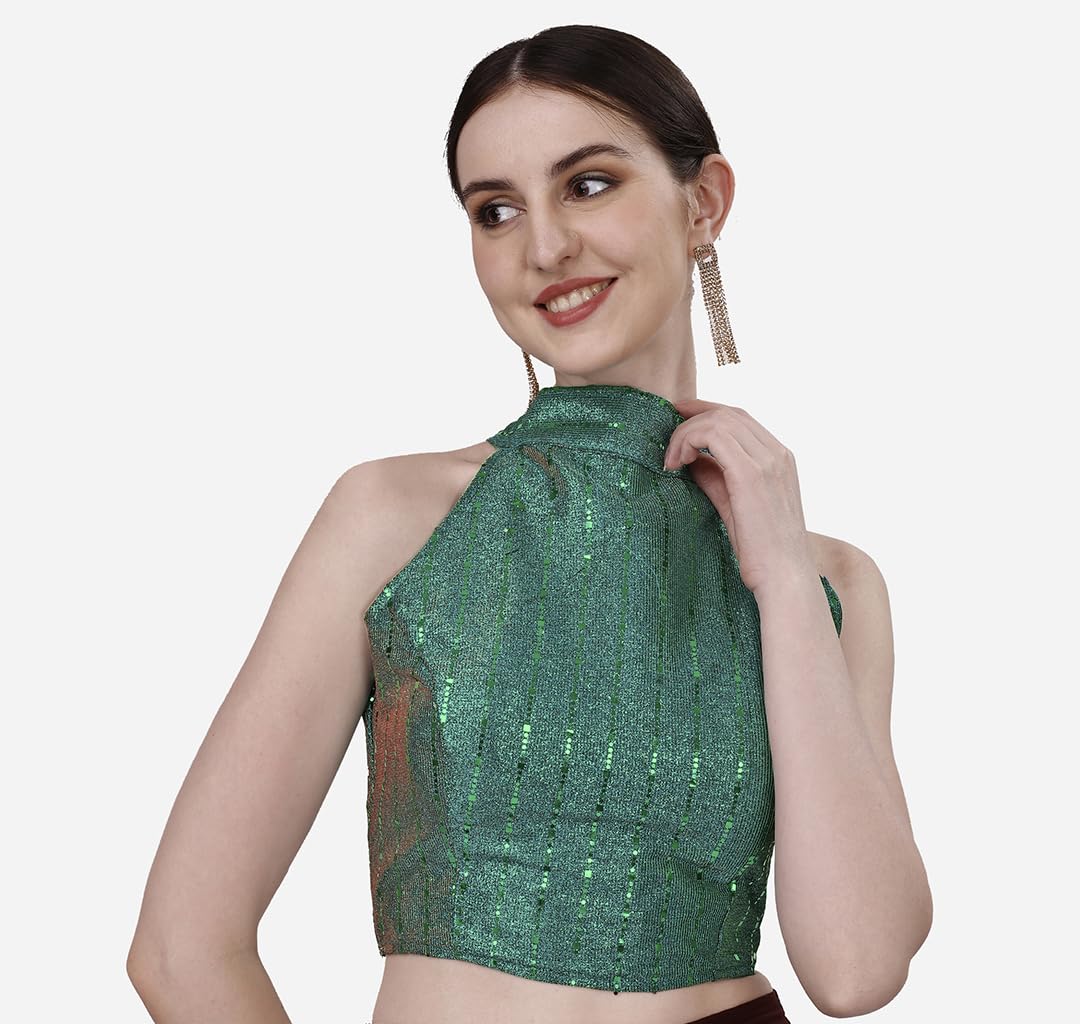 Pujia Mills Womens Readymade Fancy Halter Neck Sleeveless Saree Blouse.(Halter Neck Sequins Rama_38)