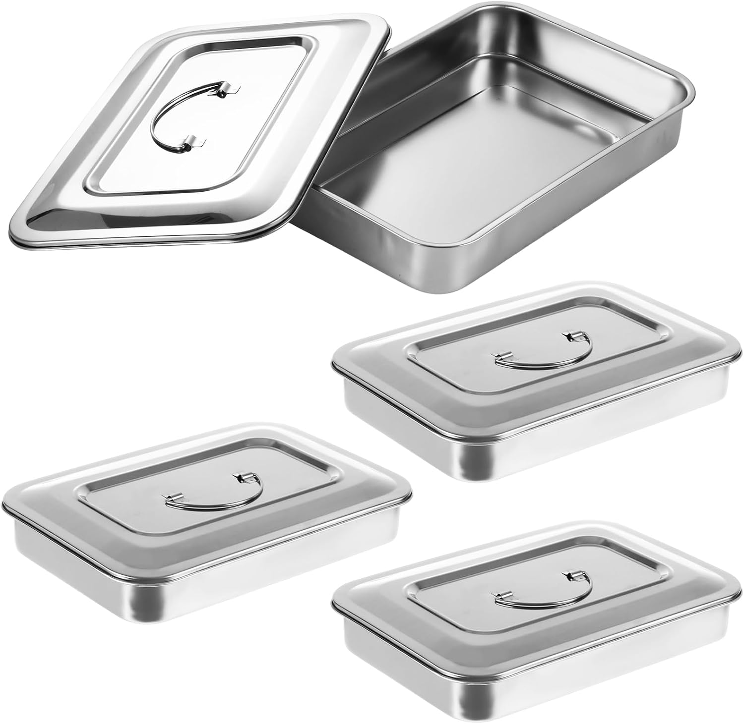 LANIAKEA 3PCS Surgical Tray, 11.2''x7.2''x1.8'' Metal Tray, Stainless Steel Instrument Tray Organizer Holder with Lid and Handle Grip Medical Surgical Tray for Baking, Dental, Lab Instrument Supplies