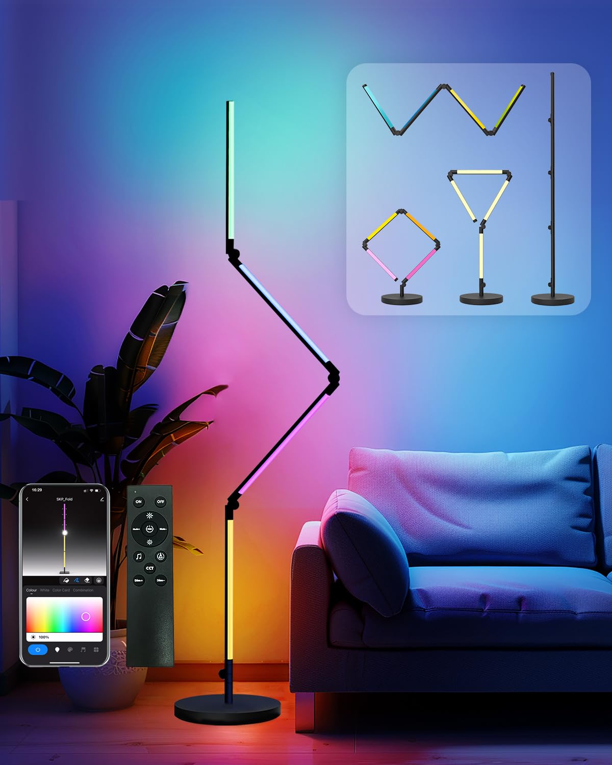 Foldable Corner Floor Lamp with Remote, Smart RGB Floor Lamp with Music Sync and 16 Million DIY Colors, Dimmable, Timer Setting, Modern LED Floor Lamps for Living Room, Bedrooms, and Gaming Rooms