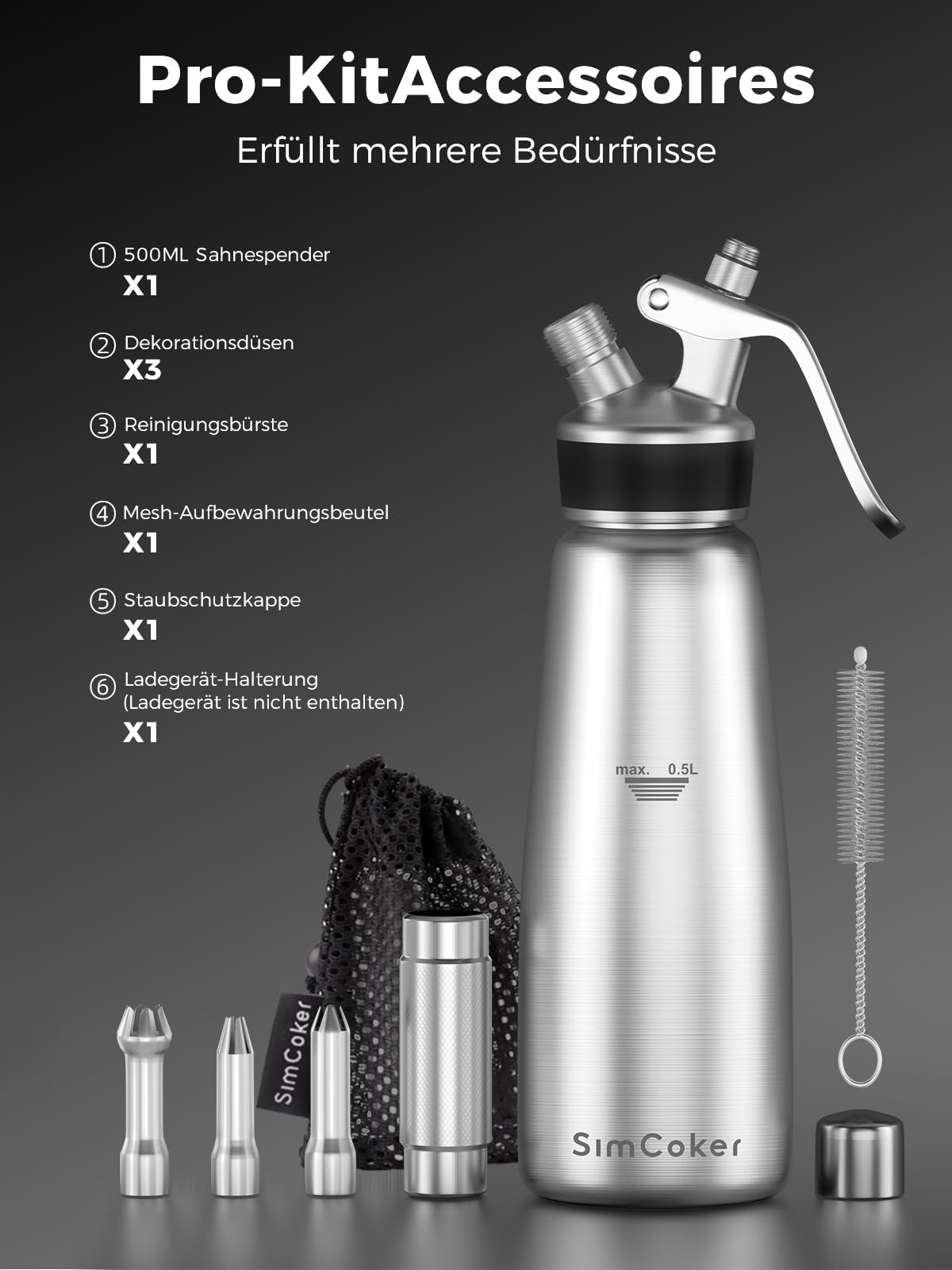 Sahnespender,Edelstahl Sahnesiphon 500ml,inklusive Ersatzteile 3 Spritztüllen und 1 Reinigungbürste, Schlagsahnebereiter,Deutsche Anweisungen