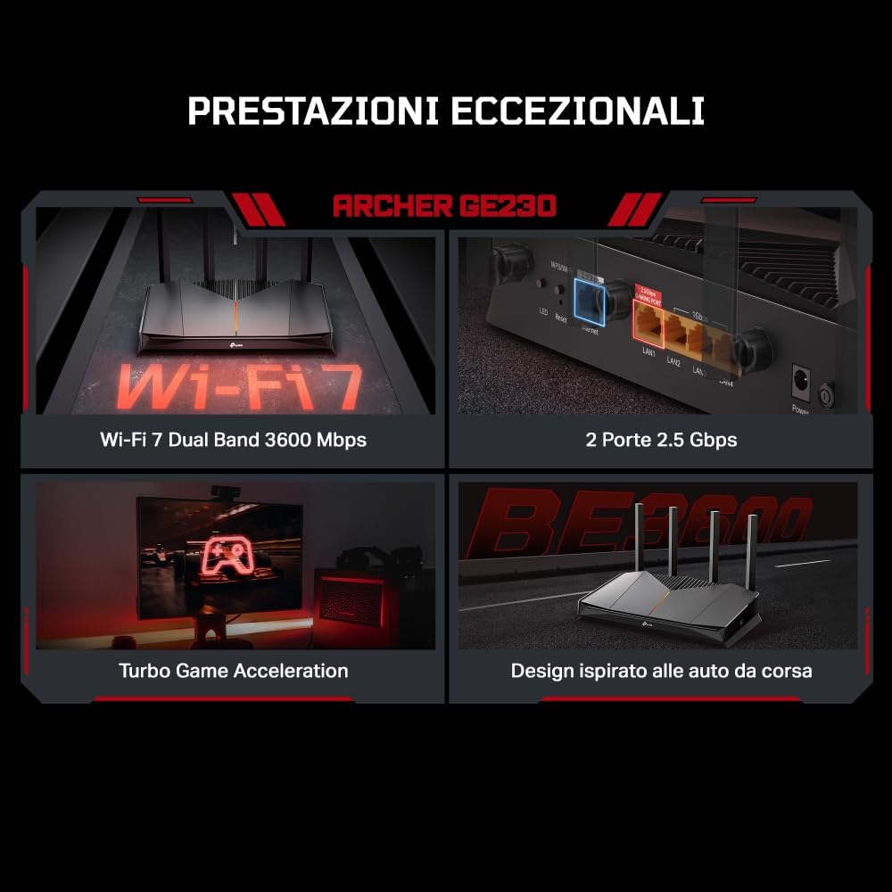 TP-Link Wi-Fi 7 Archer GE230 Router Gaming Dual-Band BE3600Mbps, 2 Porte 2.5Gbps, 3 Porte Gigabit, Canali 320MHz, 4K-QAM, Beamforming, HomeShield, Quad-Core CPU, Non Supporta xDSL
