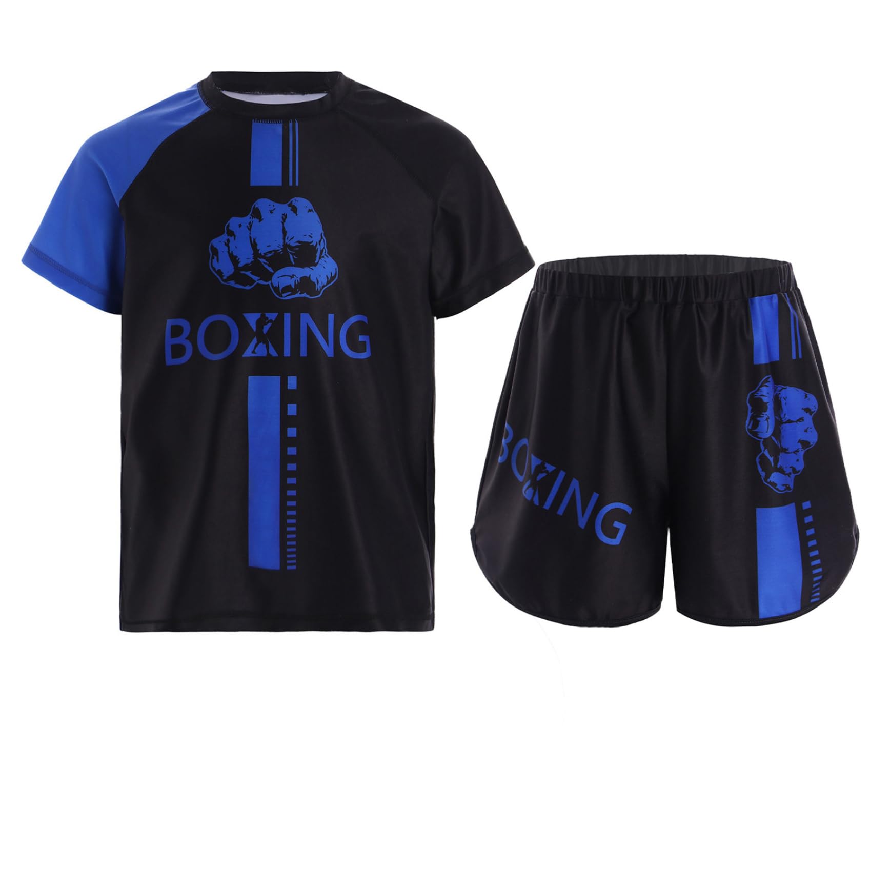 Miutii Kids Boys Boxing Uniform 2pcs Tracksuits Short Sleeve Boxer Shirt and Fighting Shorts Muay Thai Kickboxing Set Blue 5-6 Years