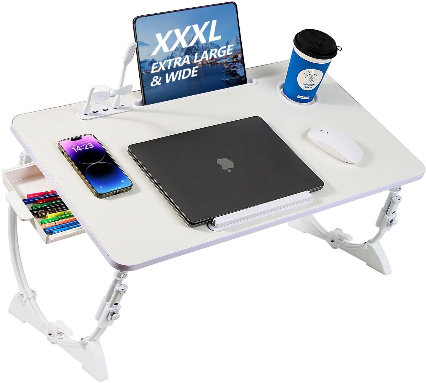 28.35"x15.7"Adjustable Laptop Bed Desk with USB Ports, Storage Drawer, Cup Holder, XXX-Large Foldable Bed Laptop Table Stand for Couch, Portable Lap Desk Tray for Eating Reading Working Drawing Gaming White Height adjustable