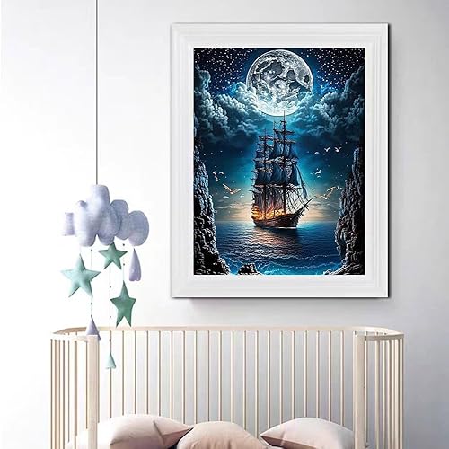 Miniatura 3 de NEGHER Kits de pintura de diamantes de paisaje 5D para adultos principiantes, luna de barco de vapor, taladro redondo completo, kits de arte de