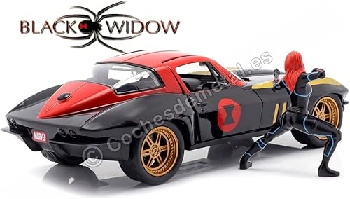 Miniatura 2 de Marvel 124 1966 Chevy Corvette - Auto fundido a presión con figura de viuda negra de 2.75 pulgadas, juguetes para niños y adultos