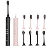SUNPRO 2 Pack Sonic Electric Toothbrush for Adults, Rechargeable Toothbrush with 2 Minute Built-in Timer, 6 Powerful Modes with 3 Intensity Levels, 8 Soft Brush Heads (Black + Pink)