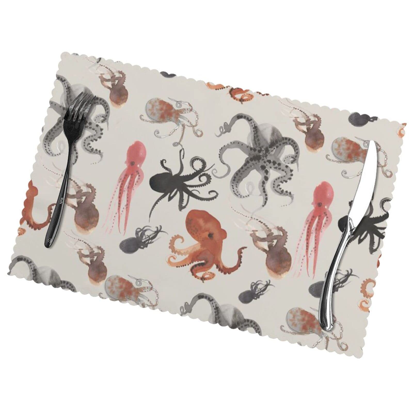 Color Octopus Print Placemats Set Of 6, Heat Resistant Washable Placemats Table Mats For Dining Kitchen Indoor Outdoor 45x30 Cm