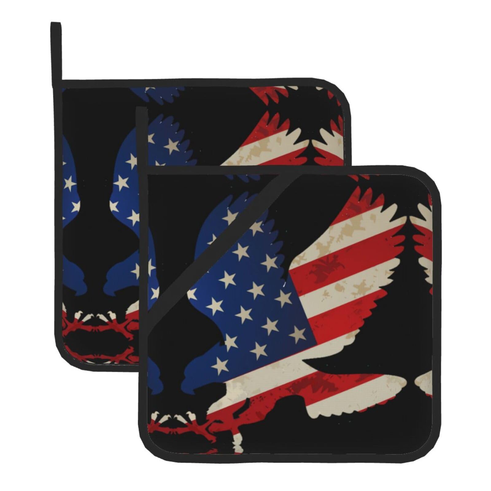 YYHWHJDE American Eagle and Flag Prints Square Hot Pads for Kitchen Counter - Waterproof Pot Holders, Durable Oven Mitt Layers with Hanging Loop, Heat Resistant Trivets (2-Pack)