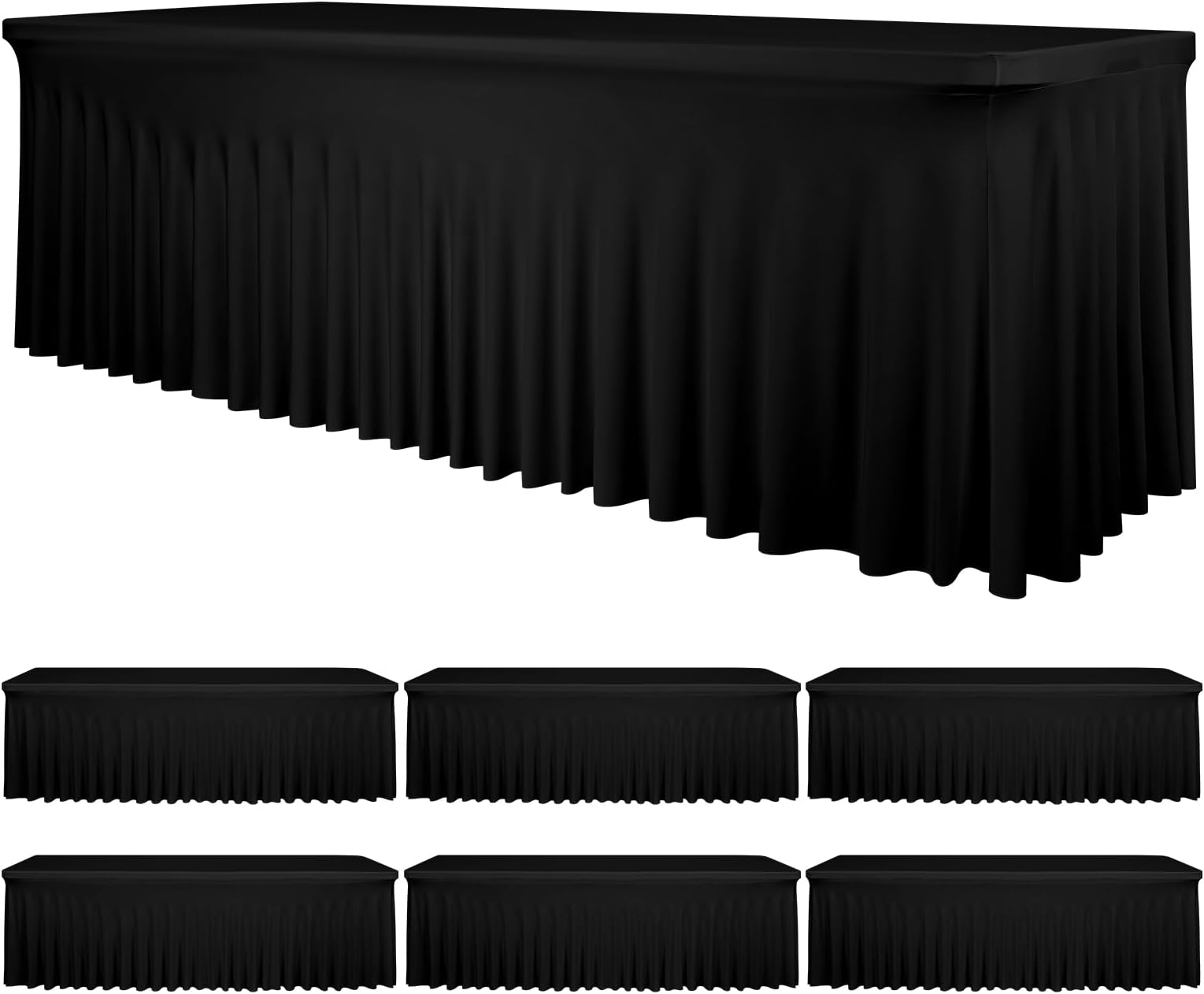 6 Packs Black Stretch Table Skirts for 8 Foot Rectangle Table, Washable Spandex Stretch Tablecloths with Skirt, Wrinkle Resistant Fitted Tablecover for Wedding Party Banquet