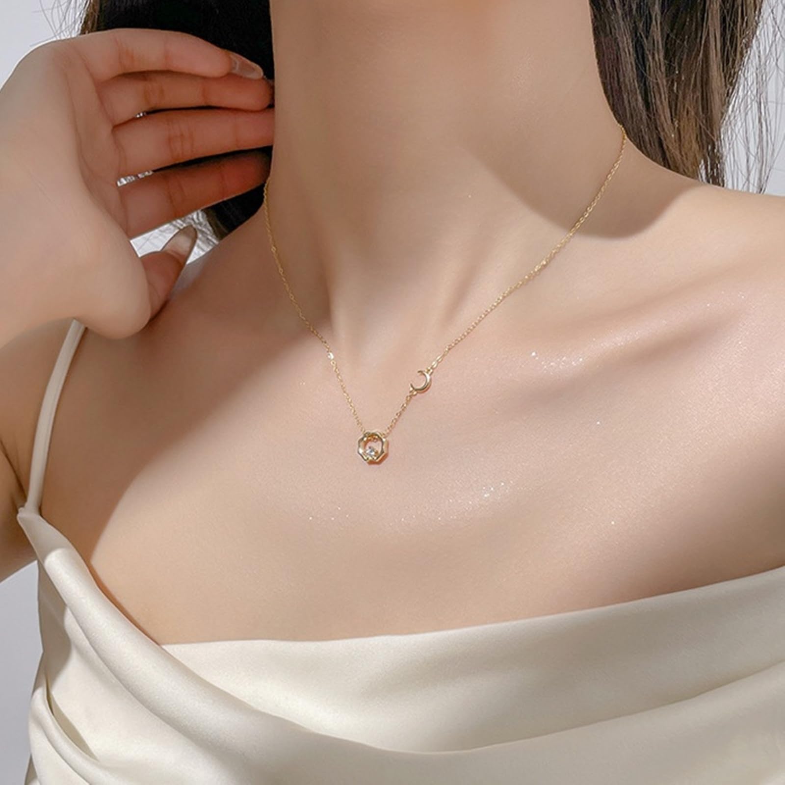 Collar de oro de 14 quilates para mujer, collar de oro amarillo de 9 quilates, 14 quilates, 18 quilates con sol y luna, cadena Rolo: 40 + 5 cm