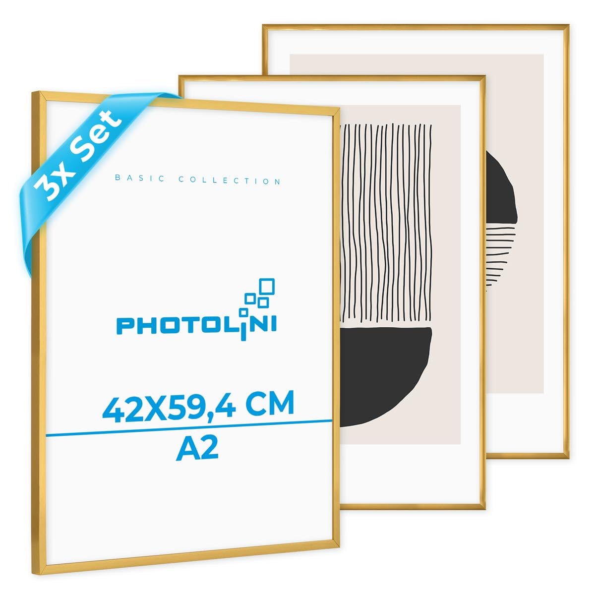 PHOTOLINI Cadre photo A2 42 x 59,4 cm dorés, lot de 3 cadres en plastique étroits, verre acrylique, à suspendre, avec accessoires - pour documents, diplômes, certificats et photos