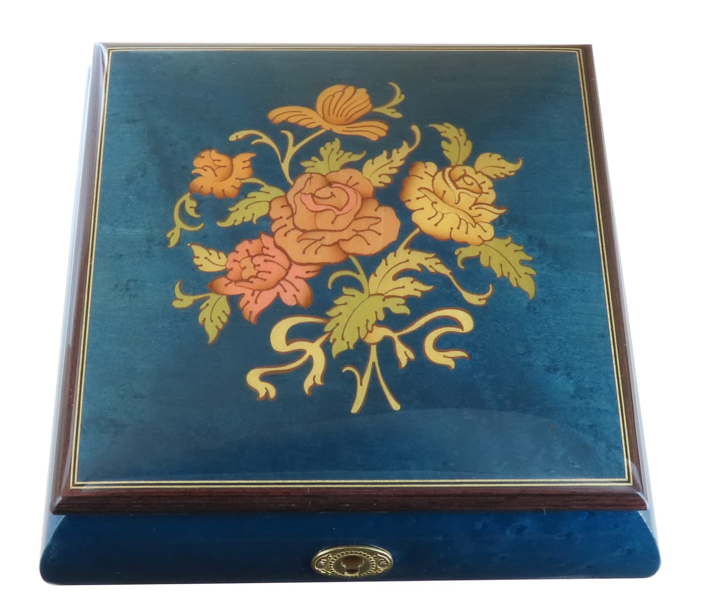 Joyero musical / caja de música para joyas de madera teñida de azul con marquetería ramo de flores y mecanismo musical de resorte de 18 notas - El vals de Amélie Poulain (Yann Tiersen).
