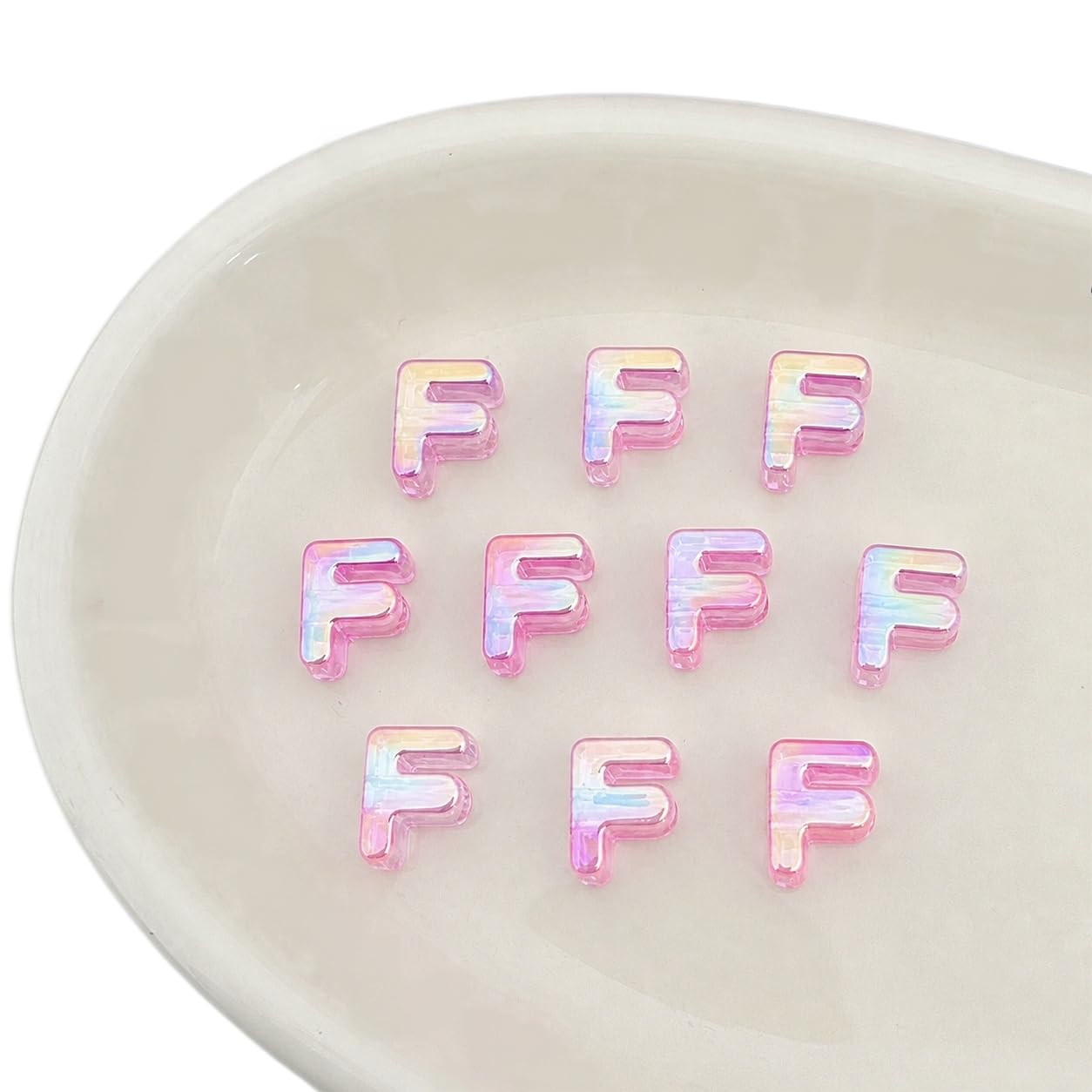 Letter Beads 10pcs, Large Acrylic Alphabet Beads with 6mm Hole, Iridescent Holographic UV Plated for Bracelet Making, Jewellery, Keyrings & Craft (Iridescent Light Pink, Letter F)