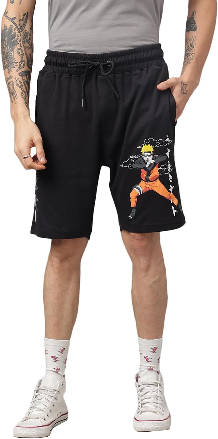 Free Authority Regular Fit Naruto Printed Black Shorts for Men
