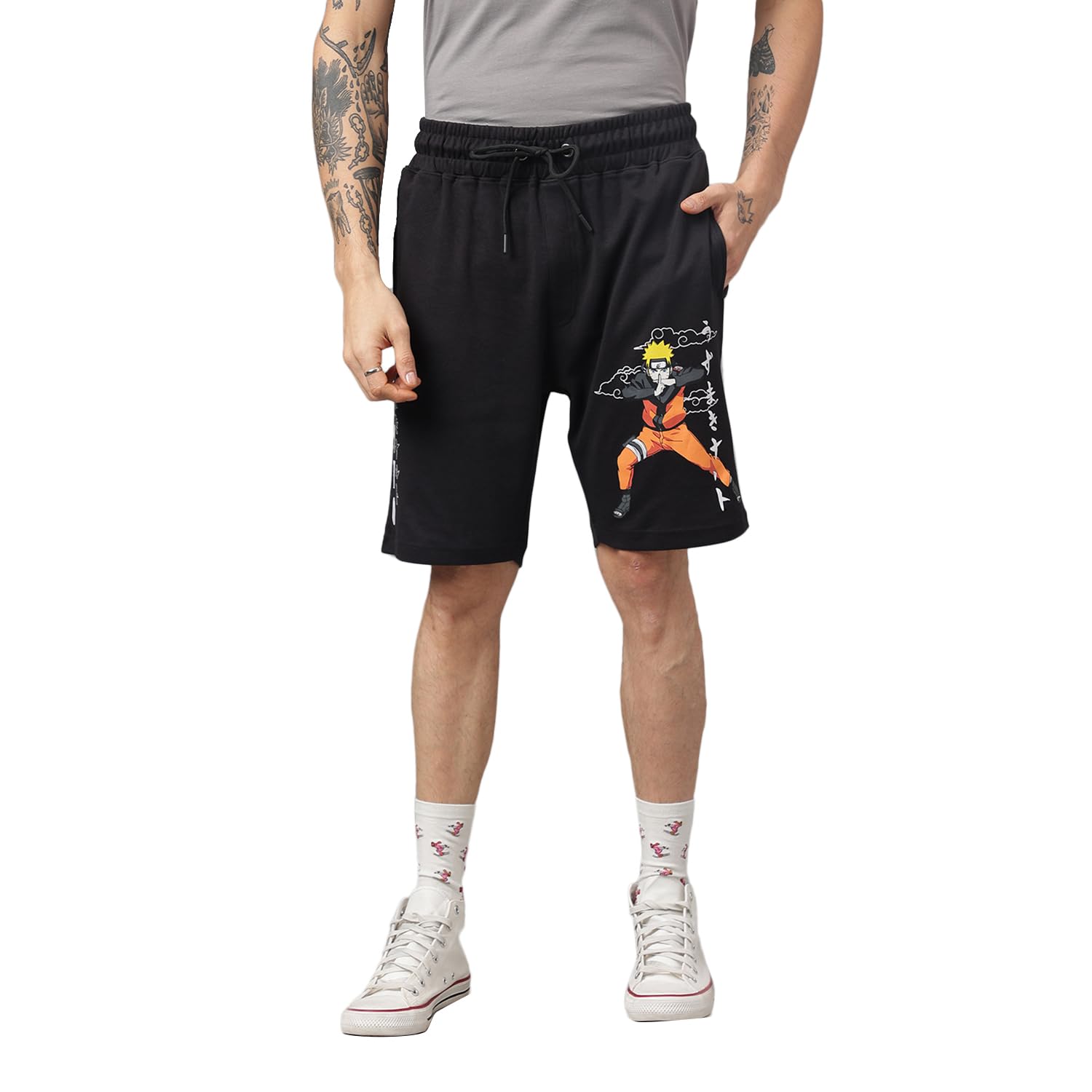 Free Authority Regular Fit Naruto Printed Black Shorts for Men