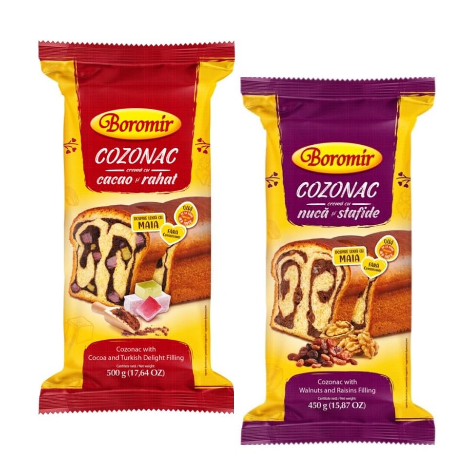 Boromir Cozonac Walnuts and Raisins and Cocoa & Turkish Delight Filling Swirl Cake Sweet Breads 2 Pack