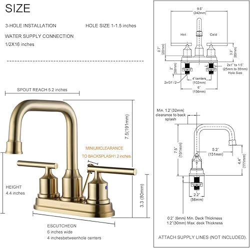 Miniatura 5 de WOWOW Grifo de baño dorado cepillado de 4 pulgadas, grifo de lavabo de 3 agujeros, grifos de baño para lavabo, grifo de tocador de 2 manijas con