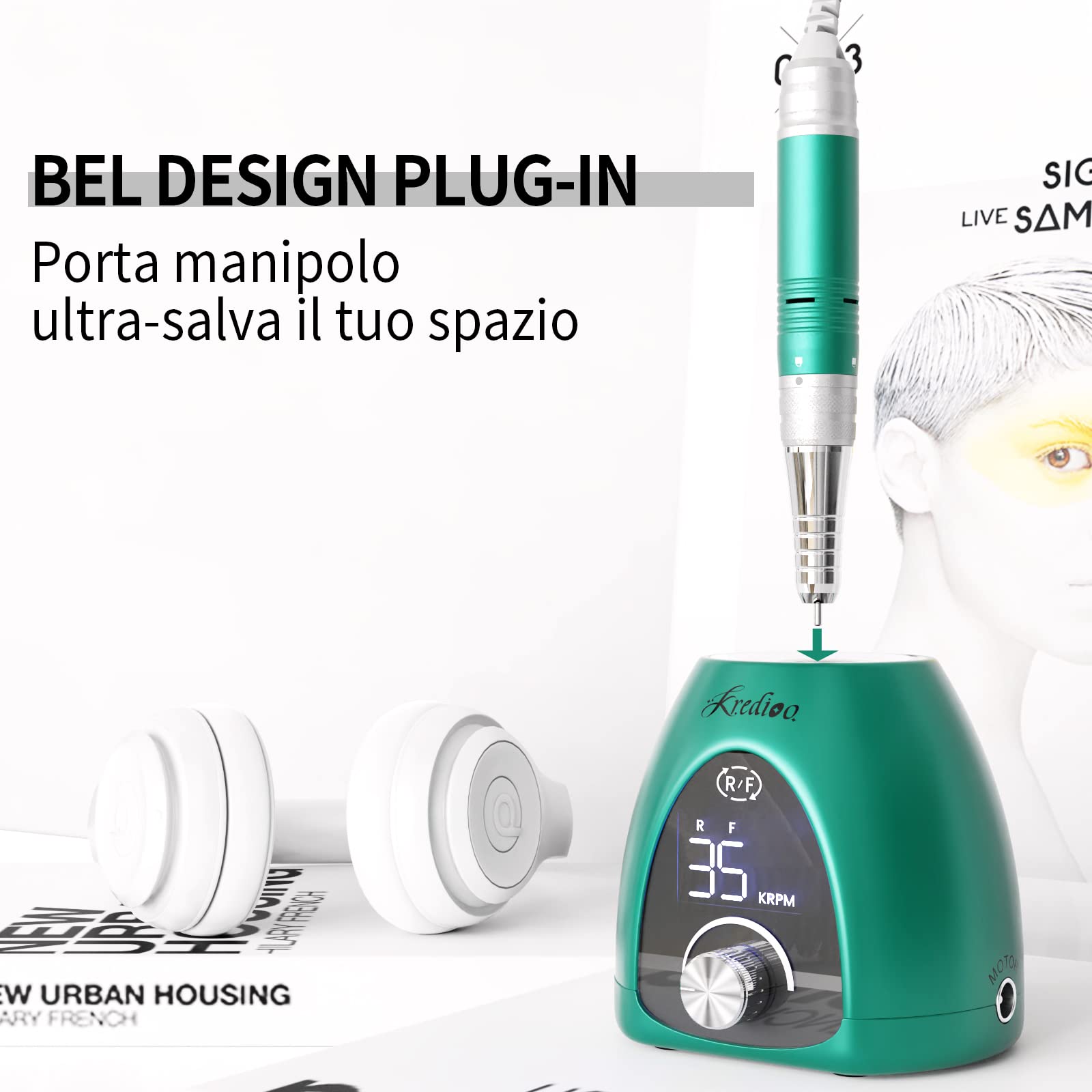 Kredioo Fresa per Unghie Professionale 35000RPM, Lima Elettrica per Manicure e Pedicure, Rimozione Gel/Smalto, Trapano Elettrico, Kit 6 Punte Fresa Unghie, LED, Pulsante Pausa, Verde
