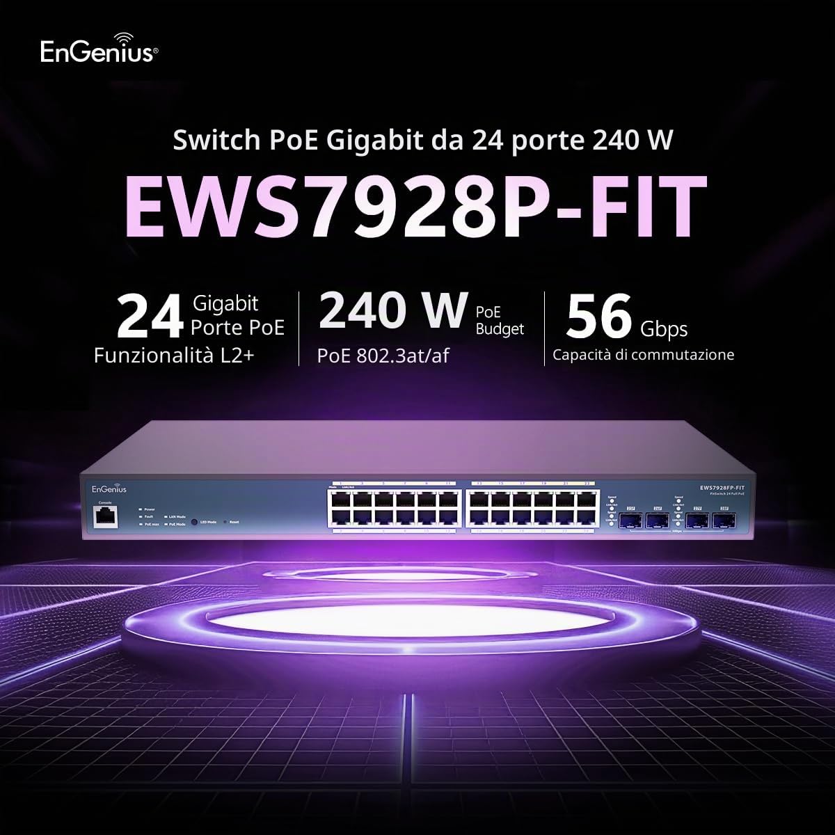 EnGenius Switch gestito PoE+ Gigabit a 24 porte EWS7928P-FIT - Budget 240W, 4 Uplink SFP, funzionalità Enterprise Layer 2+ per reti di piccole imprese