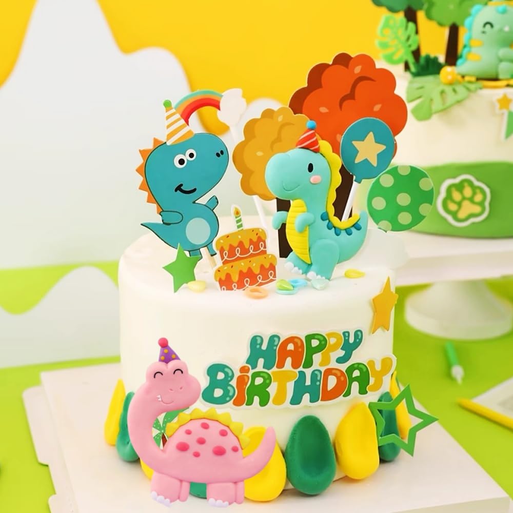 GallaRato 19 PCS Dinosaur Cake Decorations: 8 Dinosaurs, 10 Trees, 1 'Happy Birthday' Topper - Soft Clay Material - Brown - Perfect for Birthday, Baby