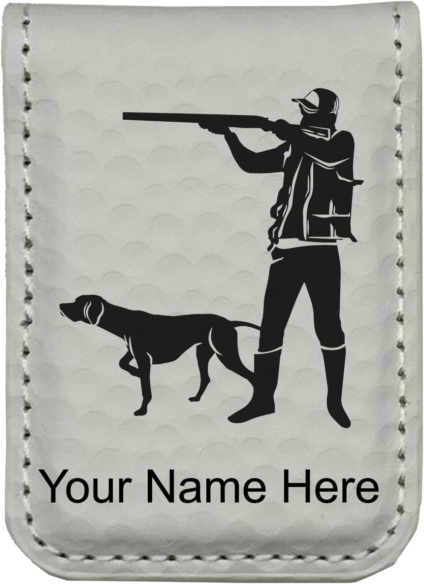 LaserGram Slim Magnetic Money Clip, Hunter with Dog, Personalized Engraving Included (Golf White)
