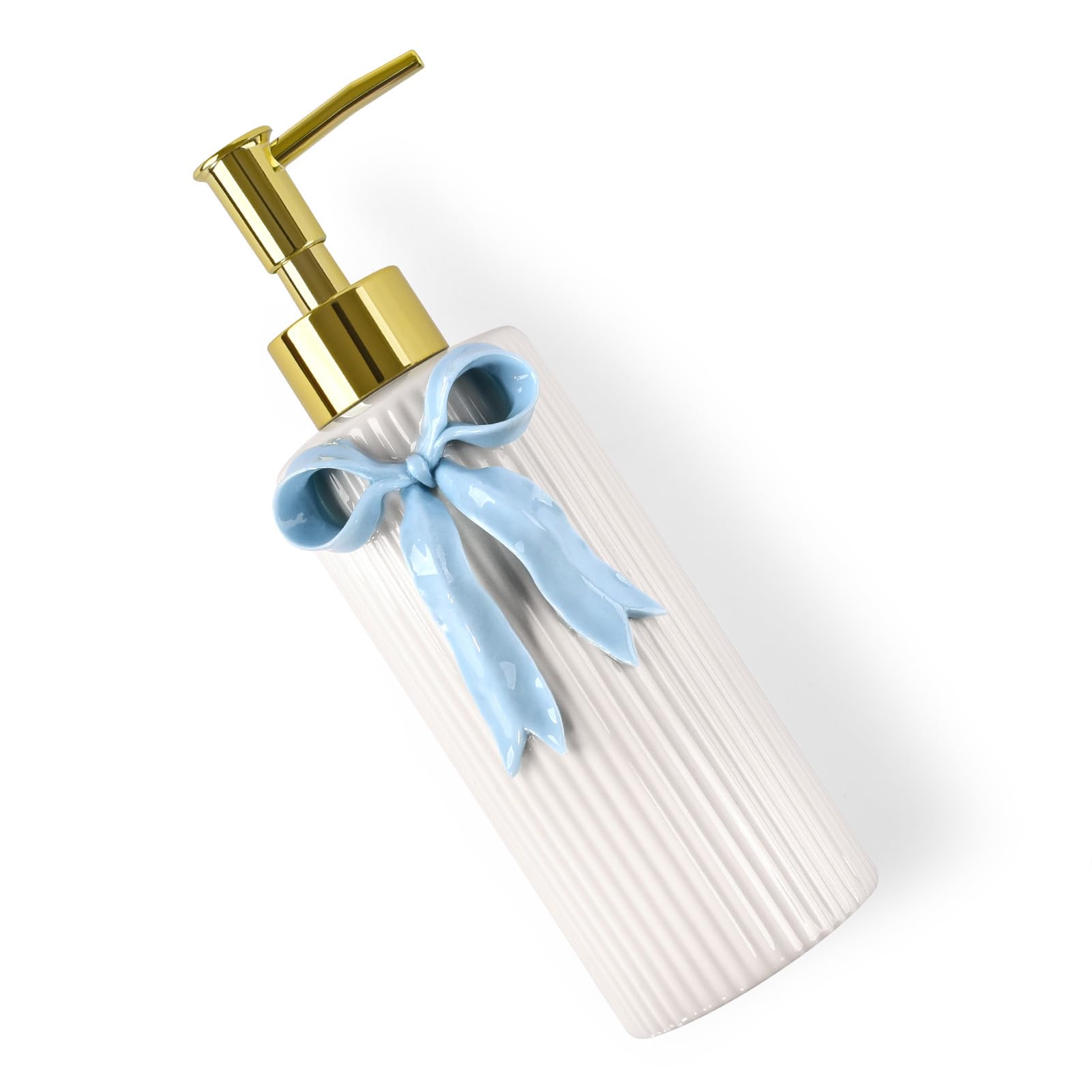 Handgefertigter Seifenspender aus Keramik, Schleife, Handlotion, Flüssigkeitsspender, nachfüllbar, für Küche und Badezimmer, dekorativ (Band blau)
