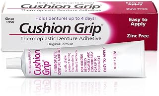 Cushion Grip Thermoplastic Denture Adhesive for Refitting and Tightening Loose Dentures [Not a Glue Adhesive, Acts Like a Soft Reliner] (1 Oz) Hold Dentures for Up to 4 Days.