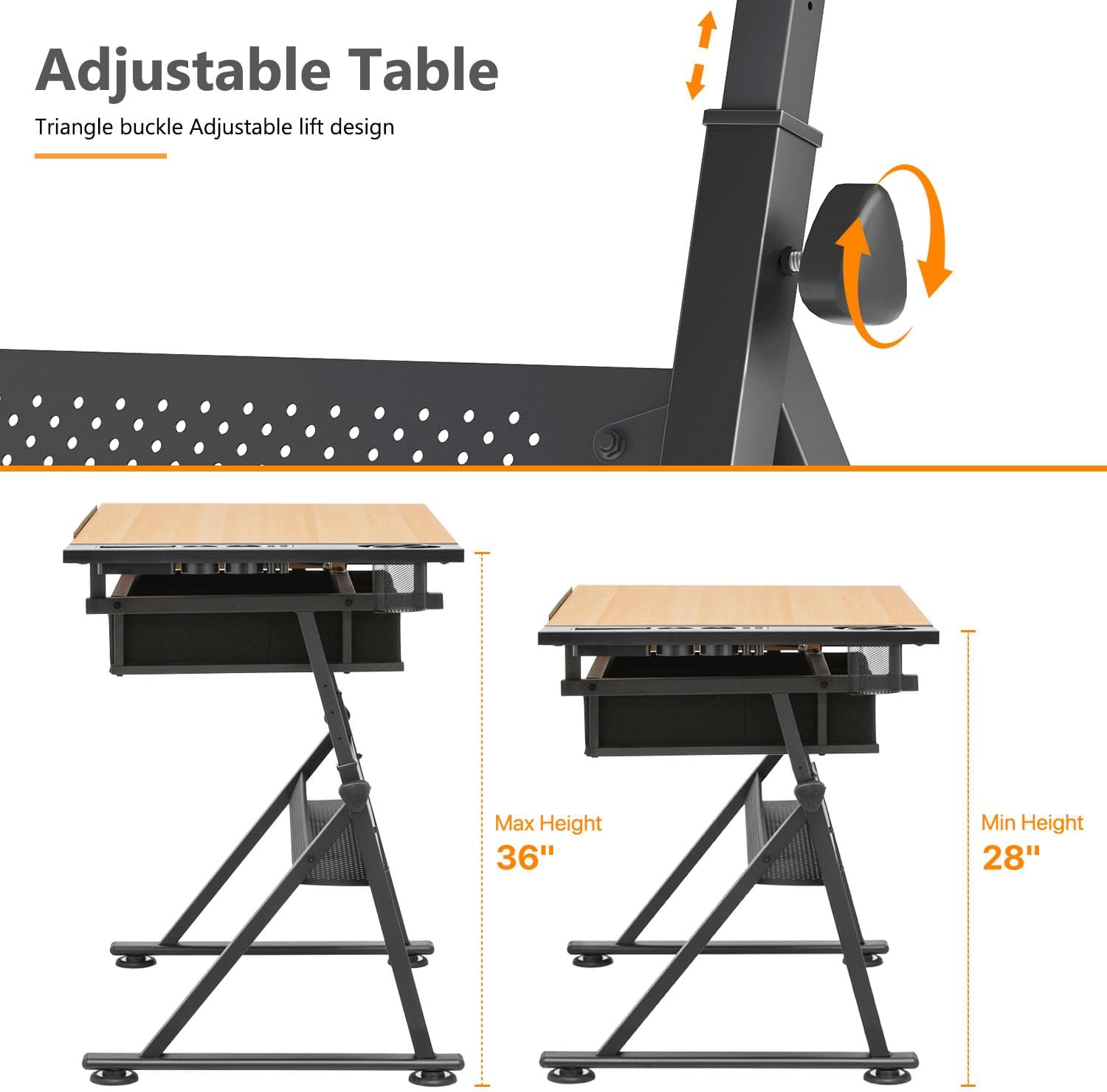 OS MOTOR Adjustable Height Drafting Table with Wood Top, Art Craft Desk with Slide-Out Drawers, Storage, for Drawing, Writing, Painting, and Creative Tasks, Ideal for Home Office, Natural