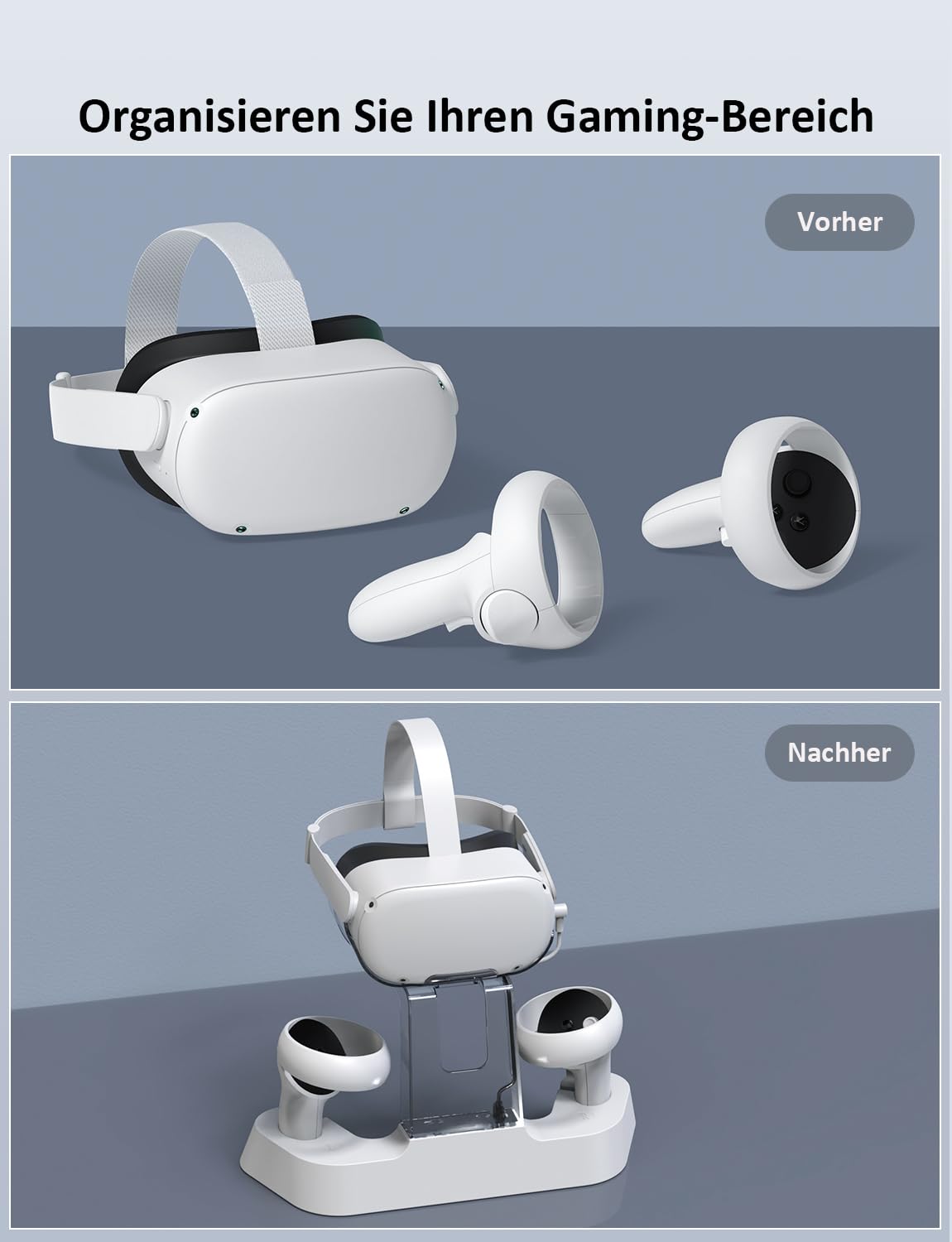 NexiGo Ladestation für Oculus Quest 2 Zubehör, Headset-Displayhalter und Controller-Halterung, [Support Elite Strap], LED-Anzeige, 2 wiederaufladbare Batterien, Magnetkabel, Weiß