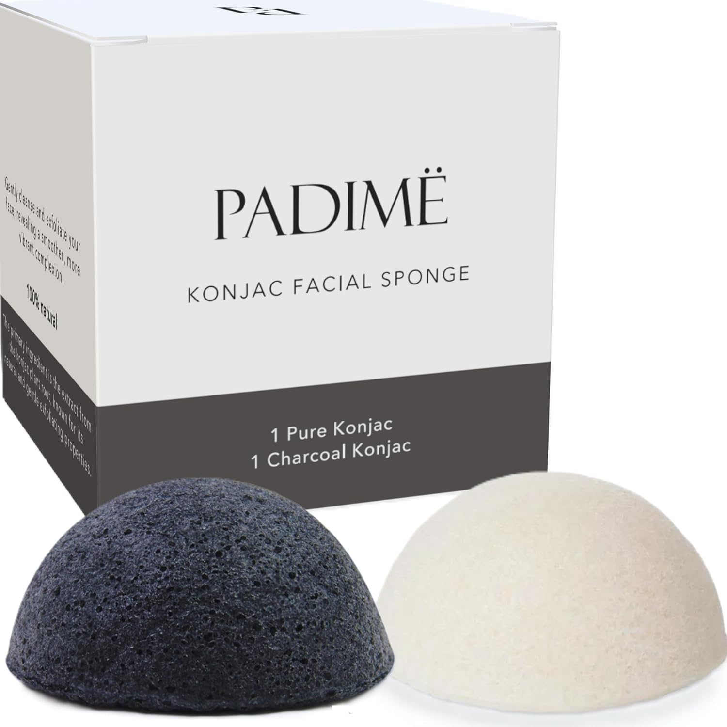 Padime 2pcs | Real Konjac Sponge Face | Natural for Face Cleansing | Korean Routine | Charcoal Sponge & Pure Konjac for Cleansing and Exfoliating | 100% Natural & EcoFriendly