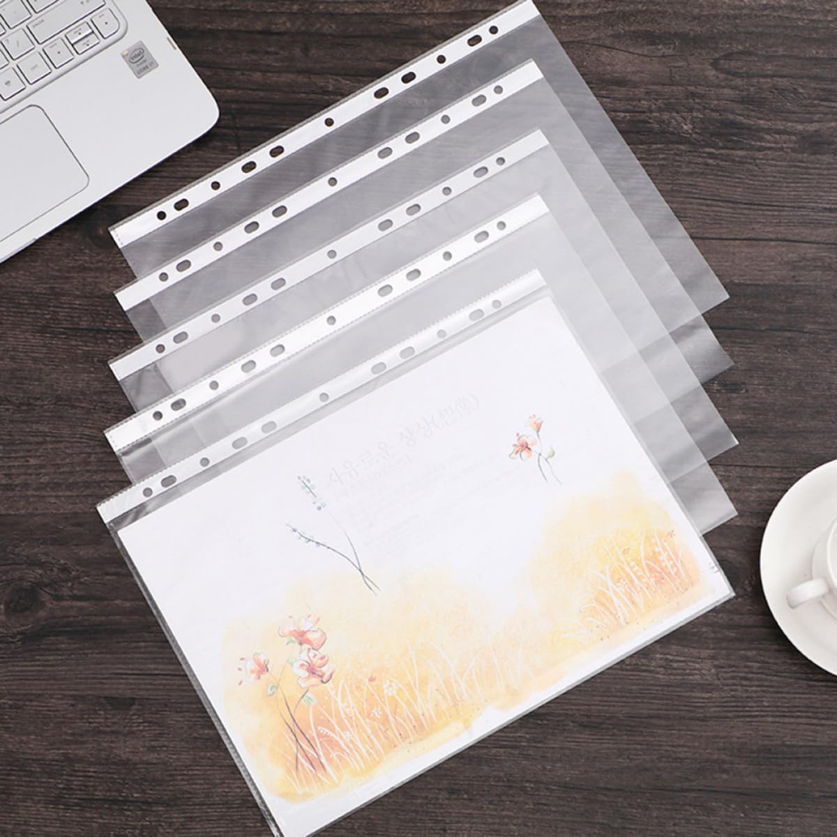 Pochettes Perforées Transparentes A4 en Pp, 11 Trous, Lot de 100, Chemise Rangement Document pour Classeur, Dossiers et Bureau