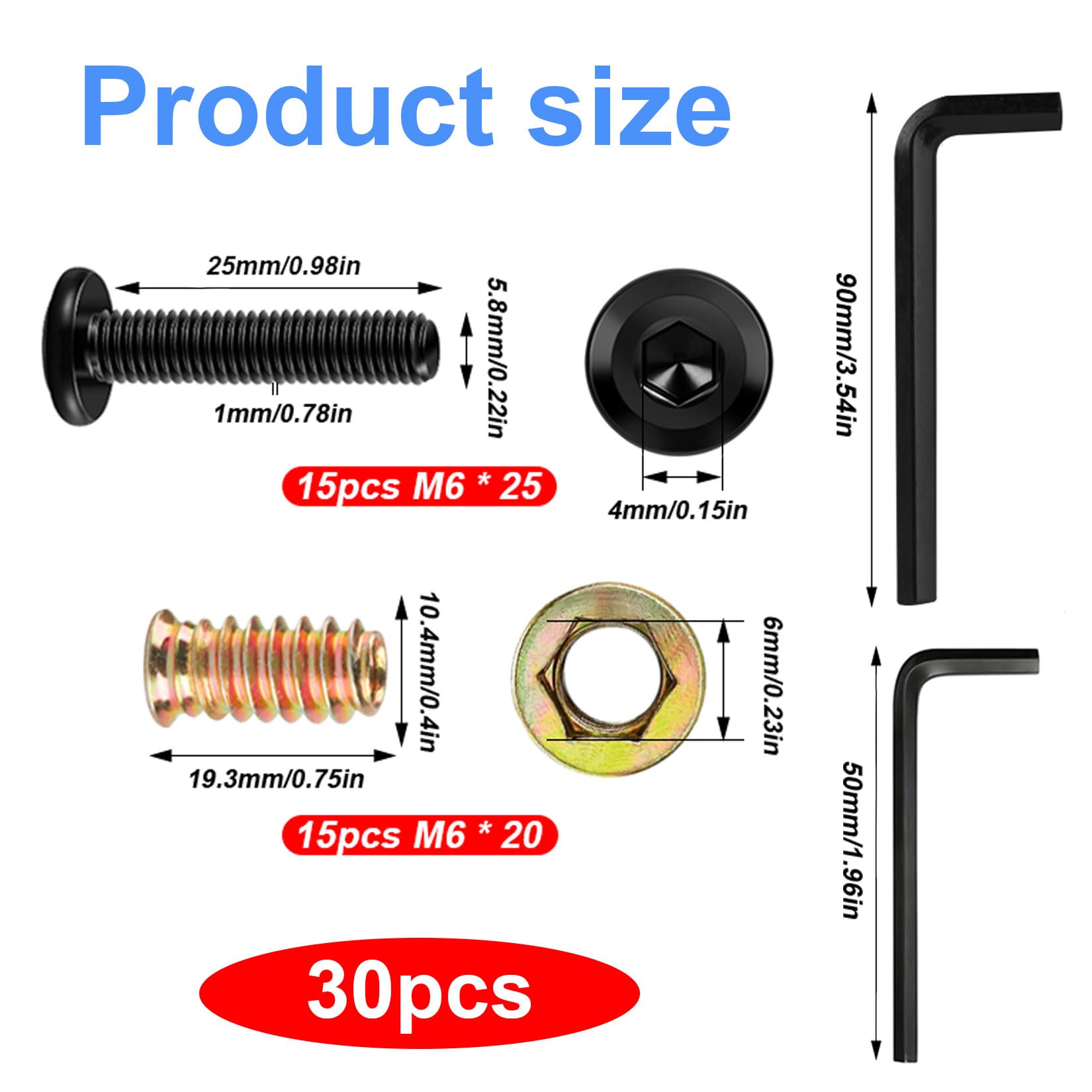 30 Pcs M6 Threaded Inserts for Wood with Bolts Set: 15 Furniture Hex Socket Drive Screw-in Nuts(M6x 20mm) & 15 Furniture Screws Flat Head Hex Socket Bolts(M6x 25mm) - Image 2
