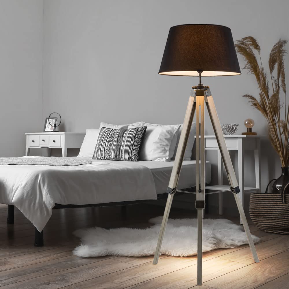 Stehleuchte Wohnzimmer grau Stehlampe Metall Standleuchte Stativ Holz, Textilschirm, 1x E27 Fassung, DxH 65x145 cm