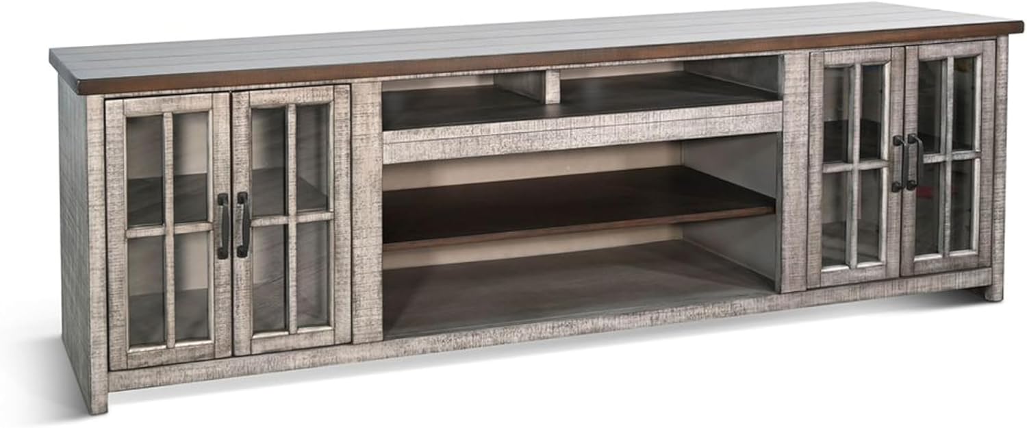 Benzara Zeka TV Media Console, 98 Inch w 2 Glass Cabinets, Gray Mahogany Wood
