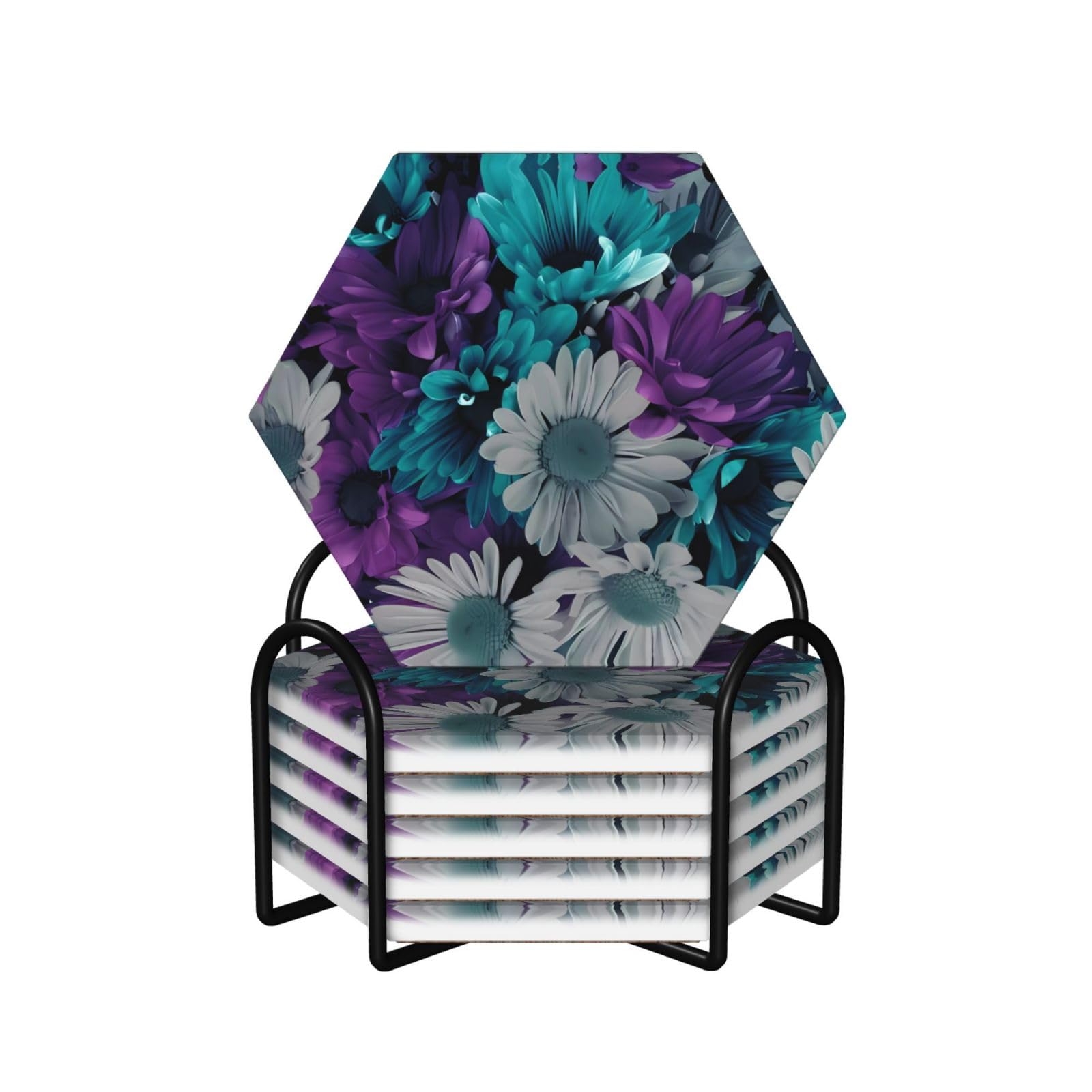 Dessous de verre en céramique hexagonaux avec fleurs violettes