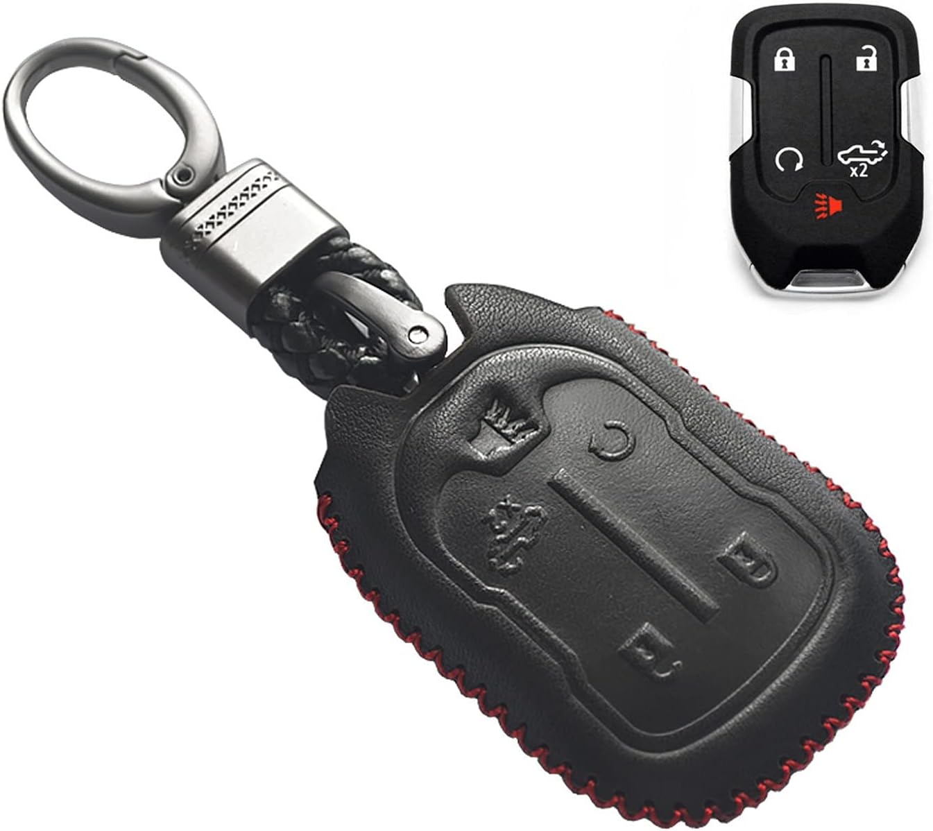 Compatible with fit for 2019 Chevrolet Silverado 1500 2500 HD 3500 HD, 2019 GMC Sierra 1500 2500 HD 3500 HD 5 Buttons HYQ1EA Leather Case Key Fob Cover Keyless Remote Start Control Holder Protector
