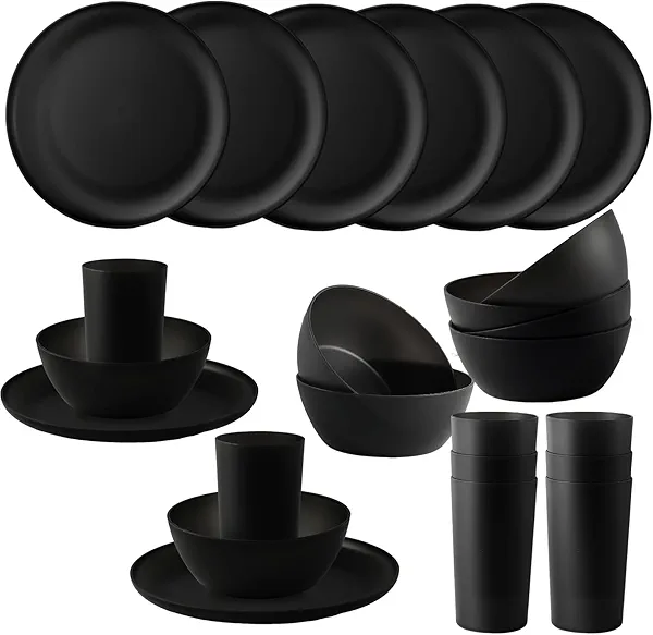 YARRGGU 24pcs Dinnerware Sets,Plastic Plates and Bowls Sets,Dishes Set for 8,Unbreakable Modern Dish Sets,Reusable Dinning Set,Dishware Sets for Kitchen,Party or Picnic, Dishwasher Safe,Black,BPA free