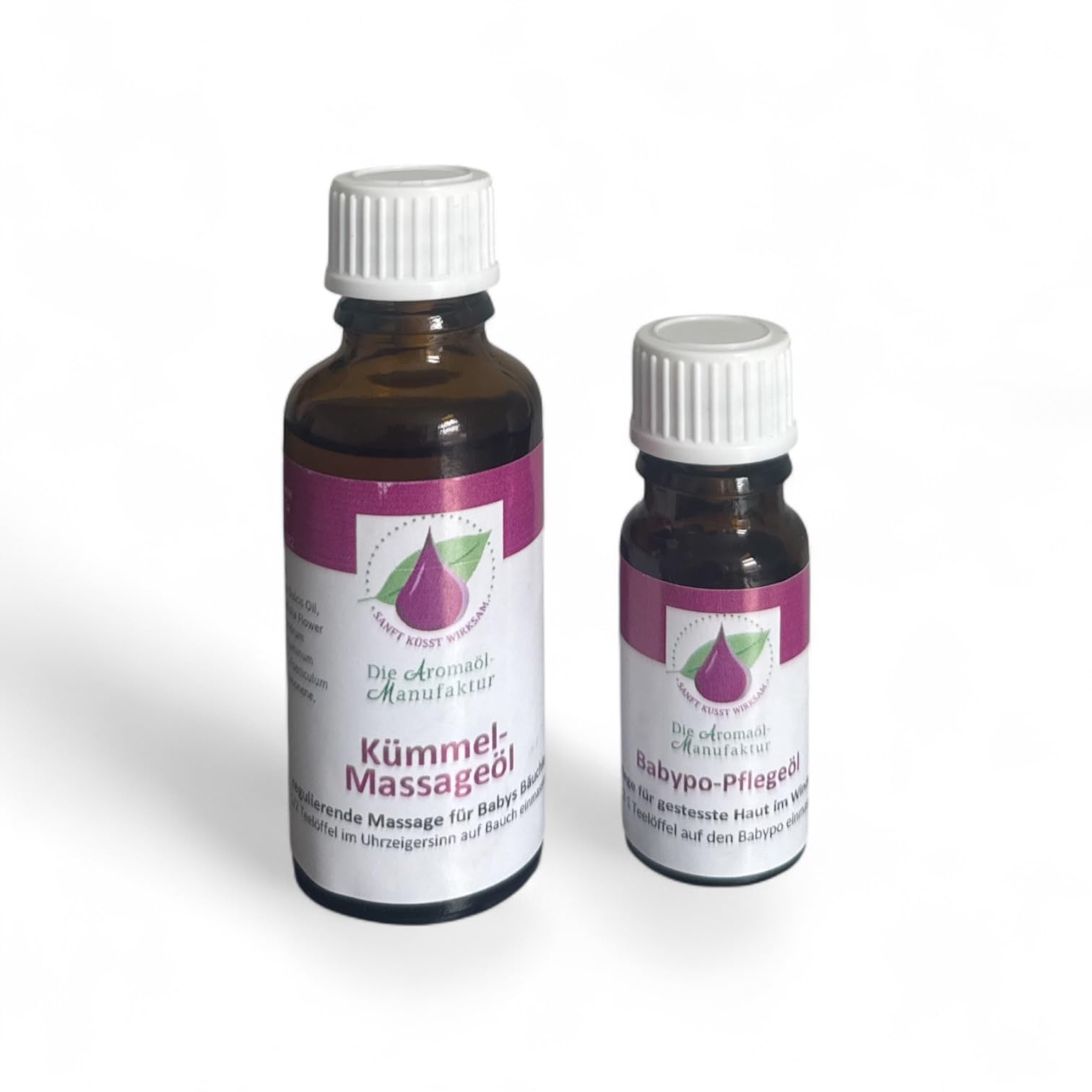 Die Aromaölmanufaktur Kümmel Massageöl 30ml & Babypo Pflegeöl 10ml, Aromaöl Doppelpack mit wohltuendem Kümmelöl & Babyöl, 100% natürliche ätherische Öle